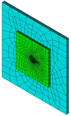 FE model of a composite bonded repair in a cracked metallic sheet.